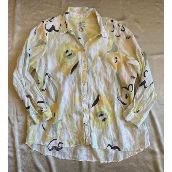 Rachel Zoe 100% Linen floral print roll tab sleeve button down shirt 2X XXL - Picture 1 of 9